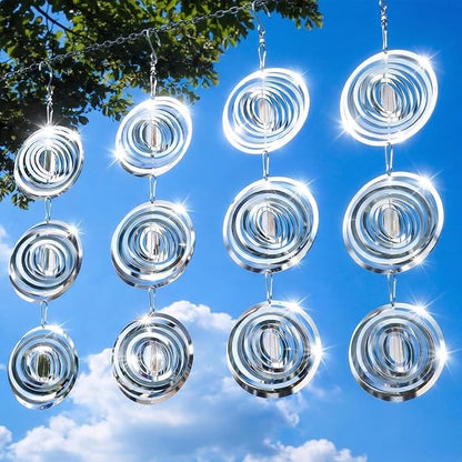 Stainless Steel Wind Spinners Outdoor, 12PCS 3D Mirror Reflective Hanging Decor with 360° Swivel Hooks, Garden Patio Yard Wind Chimes, Reflective Design Helps Keep Birds Away