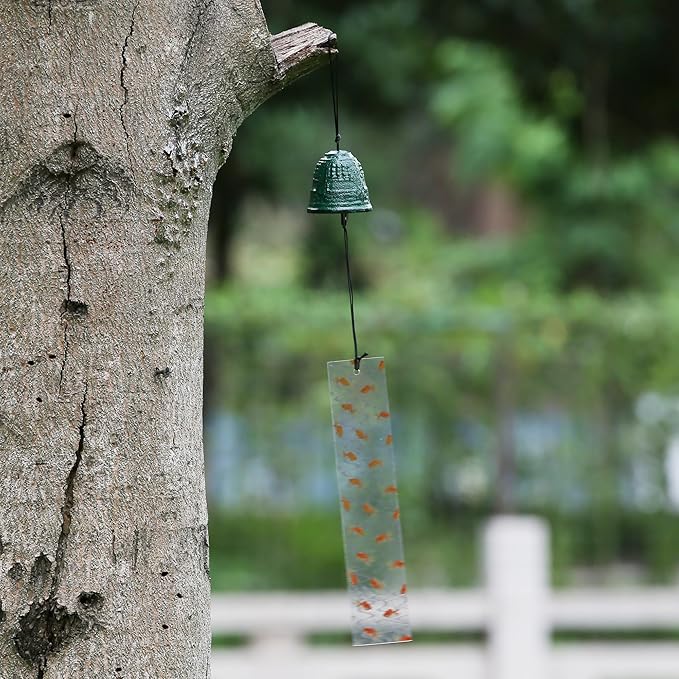 Japanese Wind Chime Cast-Iron Outdoor Ornament for Garden, Patio & Balcony, Hanging Metal Wind-Bell Decoration Gift, Blessing Pendant Windchimes & PVC Wind-Catcher, Green Bell