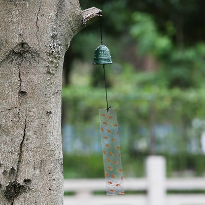 Japanese Wind Chime Cast-Iron Outdoor Ornament for Garden, Patio & Balcony, Hanging Metal Wind-Bell Decoration Gift, Blessing Pendant Windchimes & PVC Wind-Catcher, Green Bell