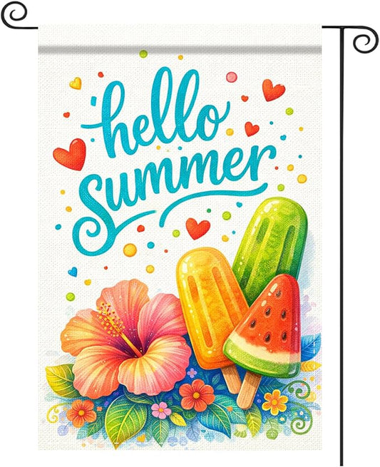 Nuxovilar Summer Garden Flag Hello Summer Ice Cream Hibiscus Flower Pattern Polyester 12x18 Inches Garden Flags for Outside Bright Decor Yard Porch