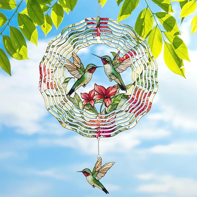FLAGWIX Hummingbird Gifts for Women - 3D Stainless Steel Metal Wind Spinners 12in - Hummingbird Wind Spinner Yard Decorations Outdoor Indoor Hanging Garden Decor, Mothers Day Birthday Gift For Grandma