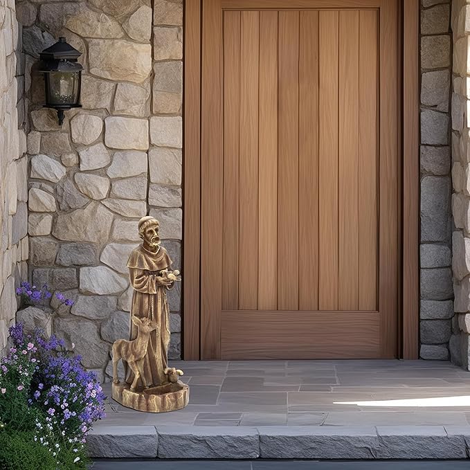 LuxenHome 25'' Saint Francis Garden Statue, Religious Garden Sculpture, Catholic St. Francis Statue for Patio, Yard, Home, Fiber Stone Decor, Outdoor Sculptures Decorations, Brown