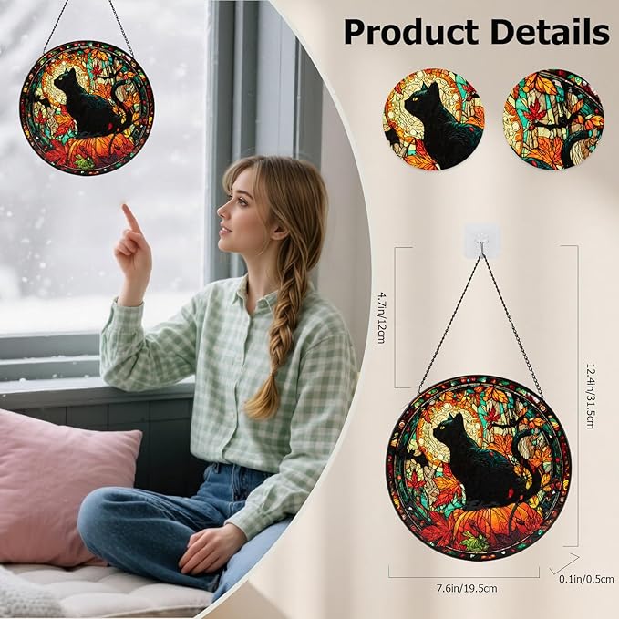 Stained Glass Window Hanging, Halloween Decorations Black Cat Maple Leaf Suncatcher for Doors Garden Indoor Funny Spooky Sun Catchers Gothic Decor for Women, Men, and Mom 7.8 in