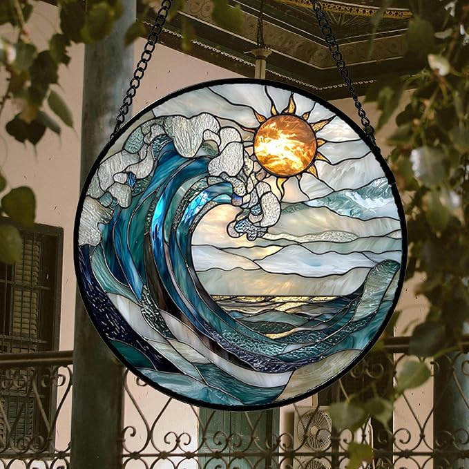 DASTOLL Stained Glass Window Hanging, Blue and White Waves Suncatcher Diamond Glass Panel Landscape Sun Catchers Decor for Birthday for Women, Men, Wife, Aunt, and Mom 14.9x14.9 in