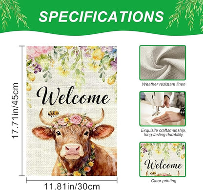IVN Welcome Cow Spring Garden Flag 12x18 Inch Farmhouse Highland Cow Watercolor Floral Crown Bee Rustic Farmhouse Buffalo Front Door Burlap Double Sided Vertical Small Yard House Flag Seasonal Outdoor Decoration for Outside Home Lawn Porch Patio Spring...