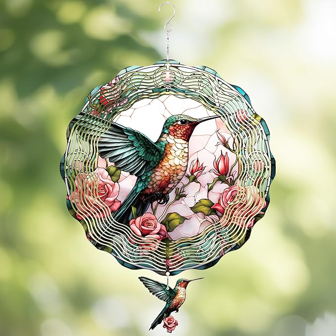 Hummingbird Hanging Wind Spinner - 3D Birds Metal Spinning Decor for Outdoor Garden Indoor Window Balcony 12 Inch Yard Art Ornaments Women Gifts for Mom Wife Grandma Christmas Decoration