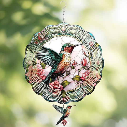 Hummingbird Hanging Wind Spinner - 3D Birds Metal Spinning Decor for Outdoor Garden Indoor Window Balcony 12 Inch Yard Art Ornaments Women Gifts for Mom Wife Grandma Christmas Decoration