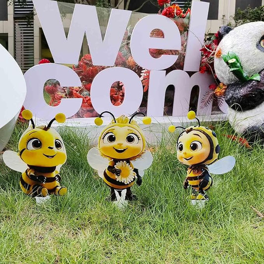 Bee Garden Stakes Decor – Metal Outdoor Yard Art, Rustproof Lawn Ornaments for Garden Patio Flower Bed, Hand-Painted 2D Bee Set of 3