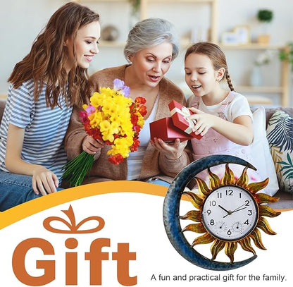 shumi Sun and Moon Outdoor Clock, Decorative Wall Clock for Patio Living Room,Silent Non-Ticking Outdoor Clock Thermometer Combo
