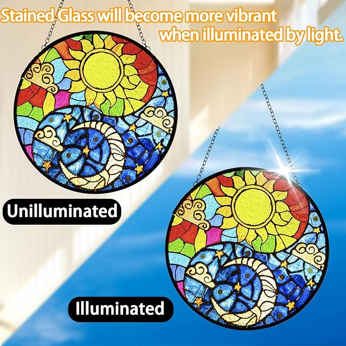 Suncatcher Indoor/Outdoor Stained Glass Window Hanging - Sun and Moon Handmade Stained Glass Suncatchers Hanging with Hook and Chain - Decoration for Home Garden Christmas Wedding Housewarming Gifts