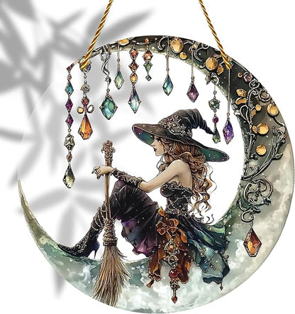 8x8 inch Charming Moonlight Witch Acrylic Stained Glass Window Hanging Sun Catcher Decor Stained Panel Hangings Wall Art Decor, for Friends and Family (Moonlight Witch)