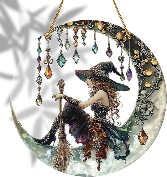 8x8 inch Charming Moonlight Witch Acrylic Stained Glass Window Hanging Sun Catcher Decor Stained Panel Hangings Wall Art Decor, for Friends and Family (Moonlight Witch)