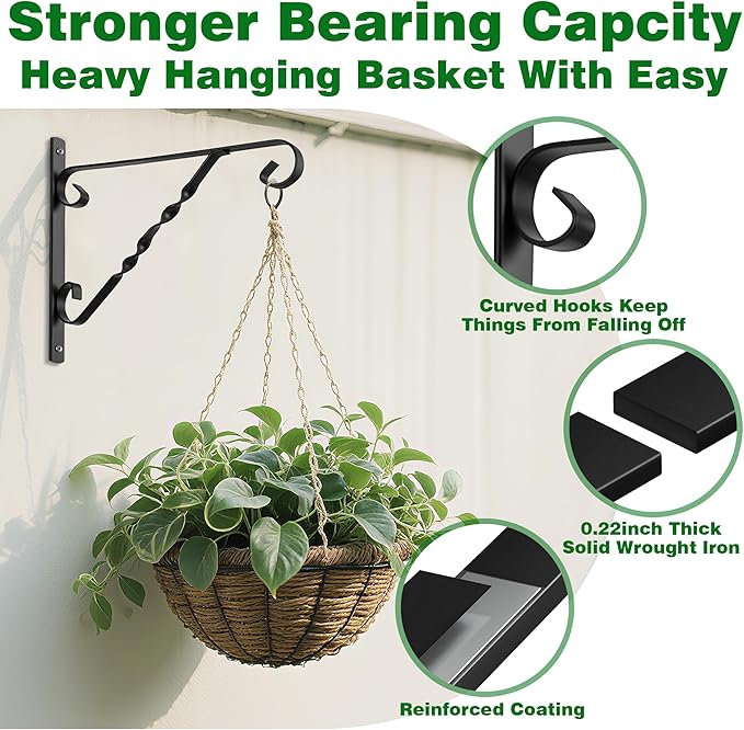 AMAGABELI GARDEN & HOME 2 Pack Hanging Plant Brackets Outdoor 12" Metal Fence Wall Plant Hanger Hooks for Hanging Flower Baskets Bird Feeders Lanterns Wind Chimes Rust-Resistant Black