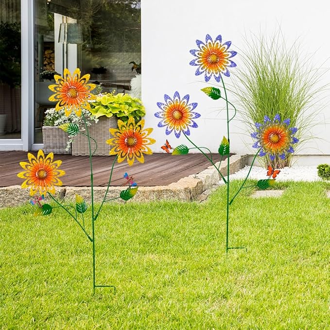 Garden Decor for Outside,2 Pack Metal Yard Art Sunflower Decorative Garden Stakes with Butterfly & Dragonfly for Spring Outdoor Lawn Backyard Porch Patio Decor