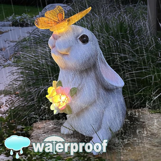 Solar Garden Decor Rabbit Statues with Butterfly LED Light - Waterproof Bunny Figurines Outdoor for Yard Patio Balcony Easter Decor - Unique Housewarming Mother's Day Birthday Gifts for Women