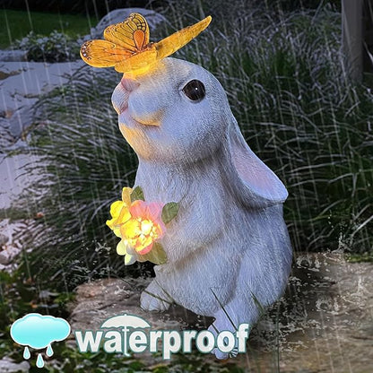 Solar Garden Decor Rabbit Statues with Butterfly LED Light - Waterproof Bunny Figurines Outdoor for Yard Patio Balcony Easter Decor - Unique Housewarming Mother's Day Birthday Gifts for Women
