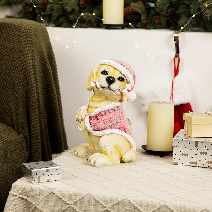 Alpine Corporation 11" Tall Indoor/Outdoor Christmas Golden Labrador Puppy Statue with Santa Hat and Candy Cane, Holiday Decoration for Porch, Tabletop, or Entryway