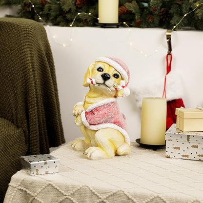 Alpine Corporation 11" Tall Indoor/Outdoor Christmas Golden Labrador Puppy Statue with Santa Hat and Candy Cane, Holiday Decoration for Porch, Tabletop, or Entryway