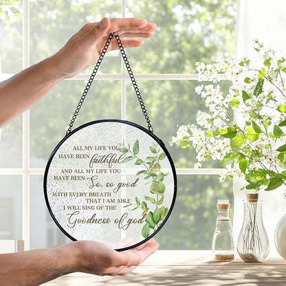 Christian Gifts for Woman, Christian Suncatchers Stained Glass Window Hanging, Goodness of God Bible Verse Sun Catchers Indoor Window Glass Round Wall Decor, Religious Wall Hanging, 7.9x7.9in