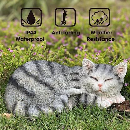 Cat Figurines - Outdoor Statue Garden Decor, Grey Sleeping Cat Statue, 11.5" Larger, Perfect for Patio, Lawn or Indoor Use, Great Gift for Mom