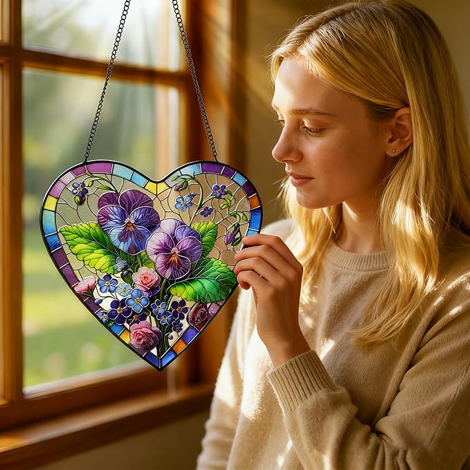 Pansy & Rose Stained Glass Window Hanging, 9.8'' Sun Catcher Glass Panel Floral Wall Art Decor with Chain, Handcrafted Heart - Shaped Glass Gifts for Lovers, Housewarming Gift(Pansy & Rose)