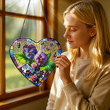 Pansy & Rose Stained Glass Window Hanging, 9.8'' Sun Catcher Glass Panel Floral Wall Art Decor with Chain, Handcrafted Heart - Shaped Glass Gifts for Lovers, Housewarming Gift(Pansy & Rose)