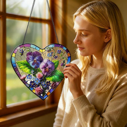 Pansy & Rose Stained Glass Window Hanging, 9.8'' Sun Catcher Glass Panel Floral Wall Art Decor with Chain, Handcrafted Heart - Shaped Glass Gifts for Lovers, Housewarming Gift(Pansy & Rose)