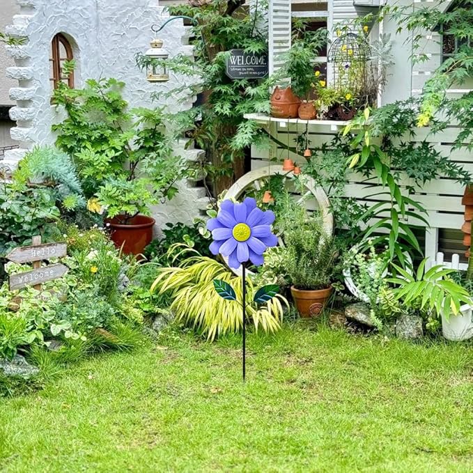 Metal Sunflower Wind Spinner,45 in Double Layer Sun Flower Windmill with Green Leaves and Stake,360° Rotating Sunflower Decor Wind Pinwheel Sculpture for Garden Yard Patio Lawn Decor (Blue)