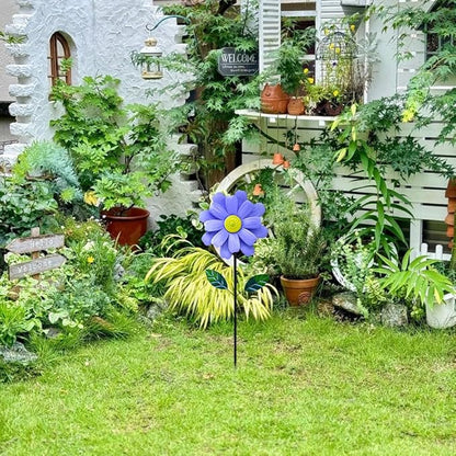 Metal Sunflower Wind Spinner,45 in Double Layer Sun Flower Windmill with Green Leaves and Stake,360° Rotating Sunflower Decor Wind Pinwheel Sculpture for Garden Yard Patio Lawn Decor (Blue)