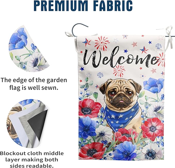 4th of July Pug Garden Flag Red White Blue Floral Dog Yard Flags Small Memorial Independence Day Banner 12x18 Double Sided for Outside Outdoor Patriotic Decor