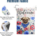 4th of July Pug Garden Flag Red White Blue Floral Dog Yard Flags Small Memorial Independence Day Banner 12x18 Double Sided for Outside Outdoor Patriotic Decor