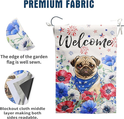4th of July Pug Garden Flag Red White Blue Floral Dog Yard Flags Small Memorial Independence Day Banner 12x18 Double Sided for Outside Outdoor Patriotic Decor
