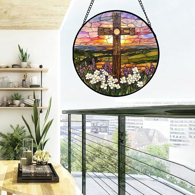 DASTOLL Christian Gifts for Women - Cross Stained Glass Window Hanging Easter Wildflower Sunset Scenery Sun Catcher Garden Religion Decor Mother's Day Catholic Gift for Men Grandma Nana Her 15"
