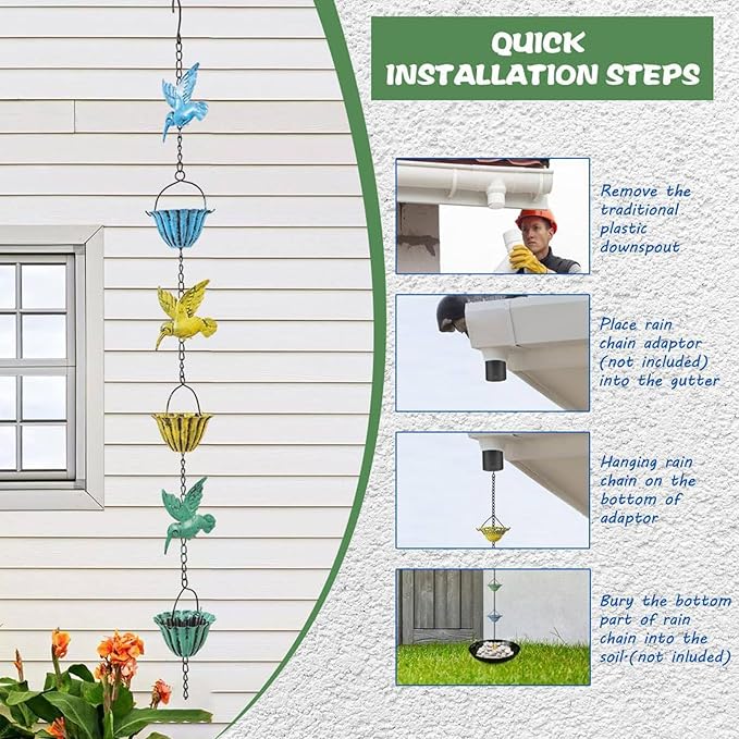 Rain Chains for Gutters, 7.87Ft Hummingbird and Cup Rain Chains for Gutters, Adjustable Rain Chimes for Outside Replacement Downspout for Gutters Eaves Drainage, Green
