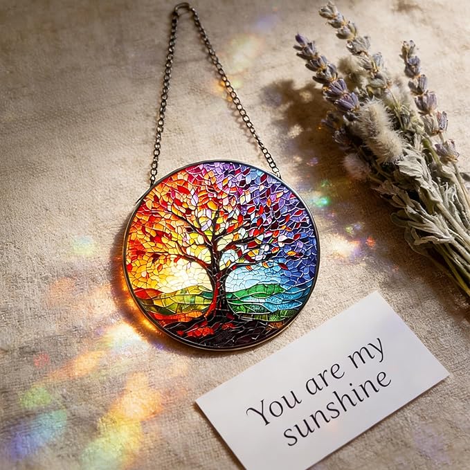 Stained Glass Tree of Life Suncatcher - 7.8In Handcrafted Window Hanging & Wall Art for Home, Living Room, Garden & Outdoor Porch Decor - Birthday, for Women Mom Teacher