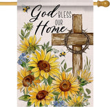 God Bless Our Home Spring Summer Easter Decorative House Flag, Religious Cross Sunflower Floral Garden Yard Outside Decorations, Inspirational Fall Autumn Outdoor Large Home Decor 28 x 40