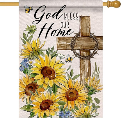 God Bless Our Home Spring Summer Easter Decorative House Flag, Religious Cross Sunflower Floral Garden Yard Outside Decorations, Inspirational Fall Autumn Outdoor Large Home Decor 28 x 40