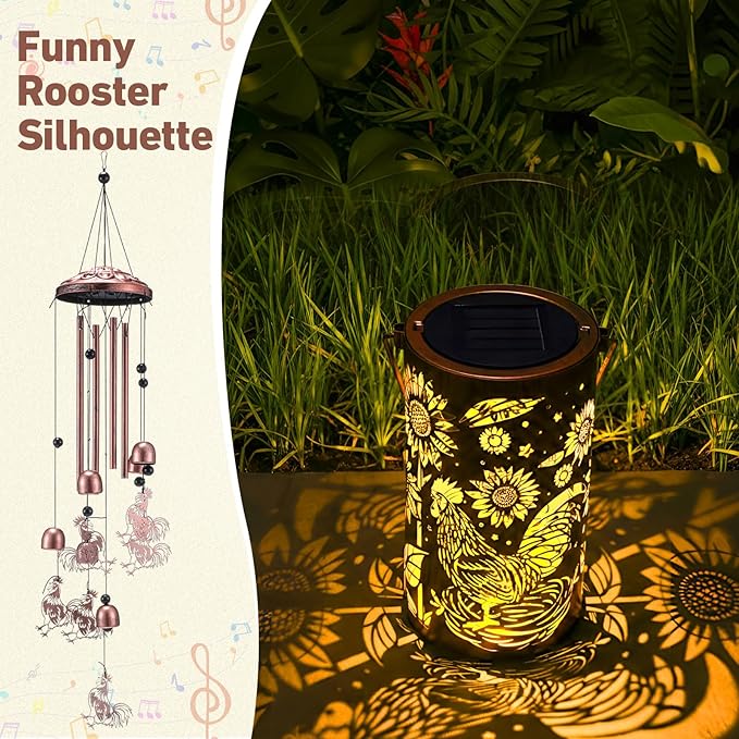 Retisee Rooster Solar Wind Chimes Outdoor Metal Rooster Gifts Solar Light Windchimes Outside Indoors Christmas Decoration Birthday Gift for Home Lawn Porch Patio Garden Yard