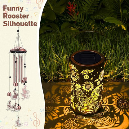 Retisee Rooster Solar Wind Chimes Outdoor Metal Rooster Gifts Solar Light Windchimes Outside Indoors Christmas Decoration Birthday Gift for Home Lawn Porch Patio Garden Yard