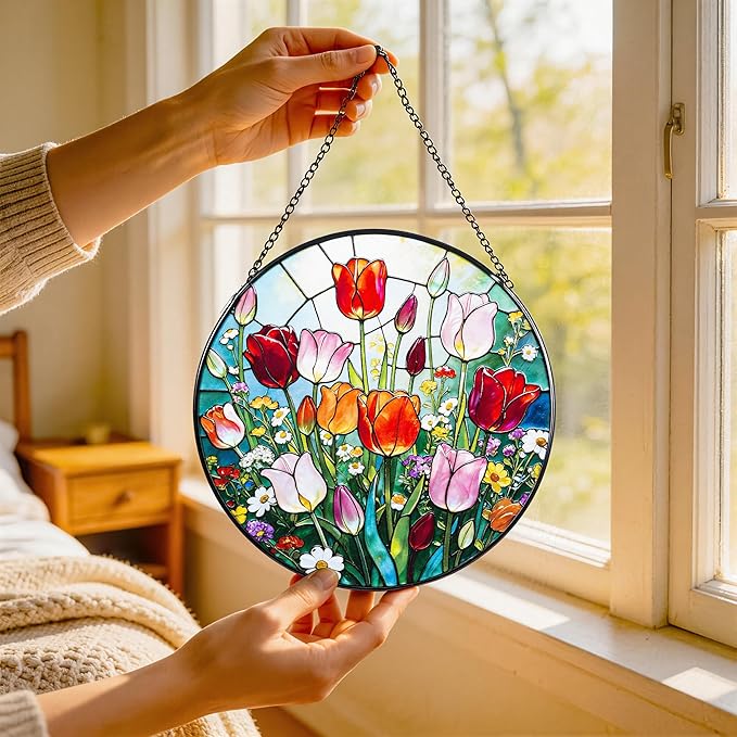 Stained Glass Window Hanging, Colorful Tulips Suncatcher 7.8 in Sun Catcher Glass Panel Boho Wall Art Decor with Chain Diamond Glass Panel Hangings Scenery Sun Catchers Decor for Lover Couple Mom