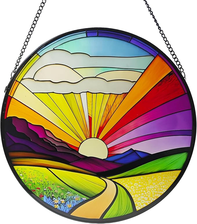 Stained Glass Window Hanging, 9.8 Inch Vibrant Sunrise Landscape Suncatcher Decor Colorful Pastoral Sun Catcher for Windows Home, Garden, Porch Decor