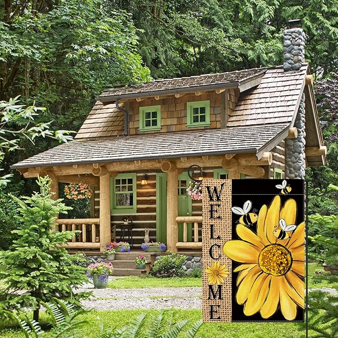 AVOIN colorlife Spring Summer Bee Sunflower Garden Flag 12x18 Inch Double Sided, Welcome Holiday Burlap Yard Outdoor Decoration