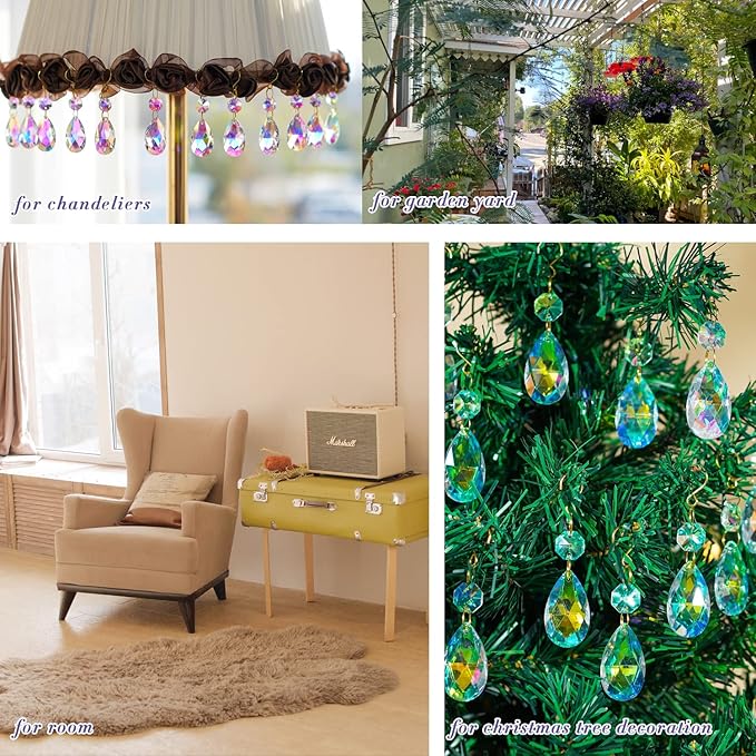 25pcs 38mm Crystal Teardrop Chandelier Parts,Suncatcher Crystal Prisms Hanging for Windows/Wedding Christmas Tree Decor(Glod Hook+Ring)