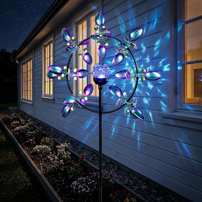 Large Peacock Solar Wind Spinner Outdoor - Metal Kinetic Sculptures with Color-Changing Glass Ball, Dual Direction Spinning Garden Art Decor, Waterproof Lighted Windmills for Patio, Yard, Lawn