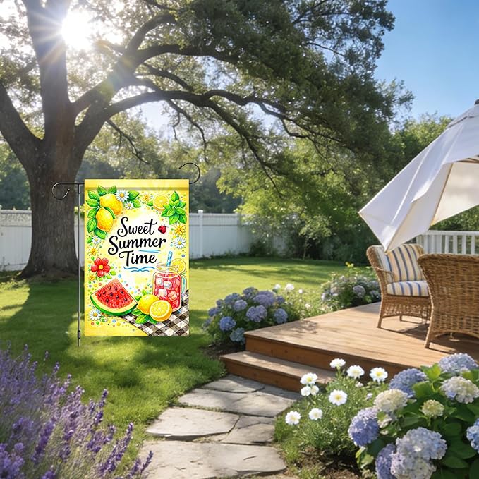 Nuxovilar Summer Garden Flag Sweet Summer Time Lemon Watermelon Picnic Pattern Polyester 12x18 Inches Garden Flags for Outside Fresh Decor Yard Porch Lawn