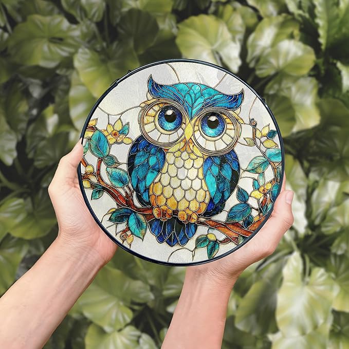 Owl Stained Glass Window Hanging, Owl Bird Suncatcher, Bird Sun Catchers Indoor Window Round Glass Wall Art Hanging Decorations, 7.9x7.9in