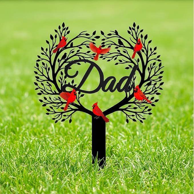 Memorial Grave Stake for Dad with Tree of Life and Cardinals - Metal Sympathy Grave Marker, Rust-Resistant Cemetery Garden Decoration(DAD)