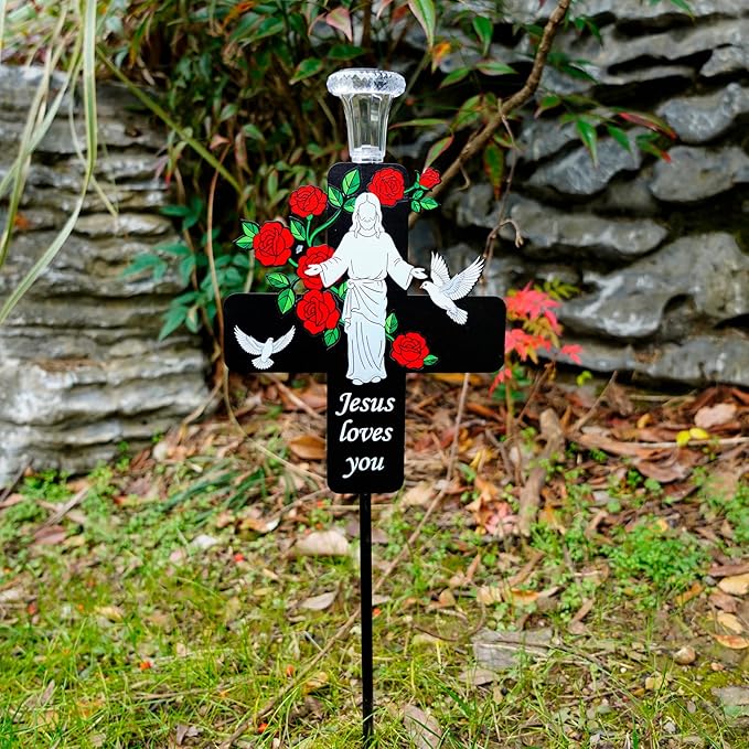 Solar Jesus Cross Memorial Stake with Rose - Religious Metal Cemetery Decorations, LED Christian Grave Marker, Sacred Sympathy Gift for Loss of Loved One (J Cross)