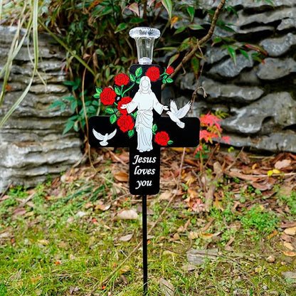 Solar Jesus Cross Memorial Stake with Rose - Religious Metal Cemetery Decorations, LED Christian Grave Marker, Sacred Sympathy Gift for Loss of Loved One (J Cross)