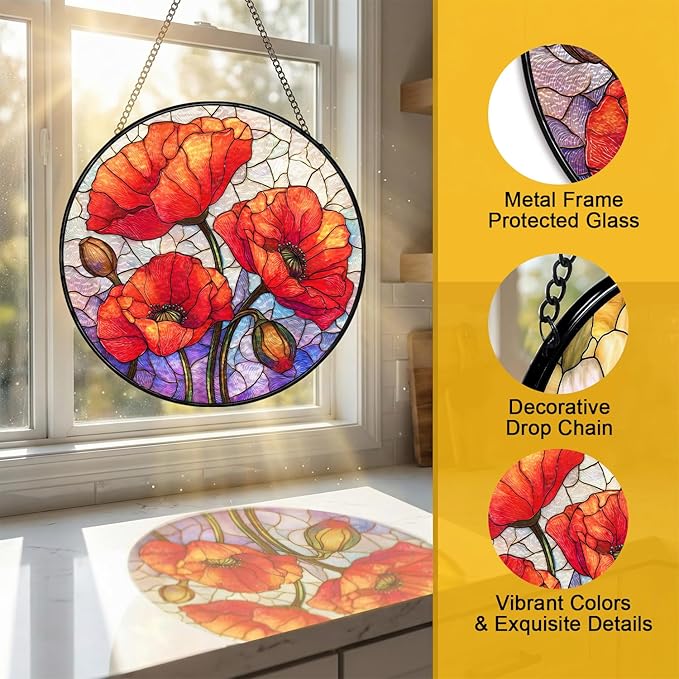 Stained Glass Sun Catcher Window Hanging - Red Poppy Floral Design, Indoor Decor Gifts for Mother's Day, Birthday, Christmas - Perfect for Women, Men, Mom Home Window Decor (Red) 7.8in